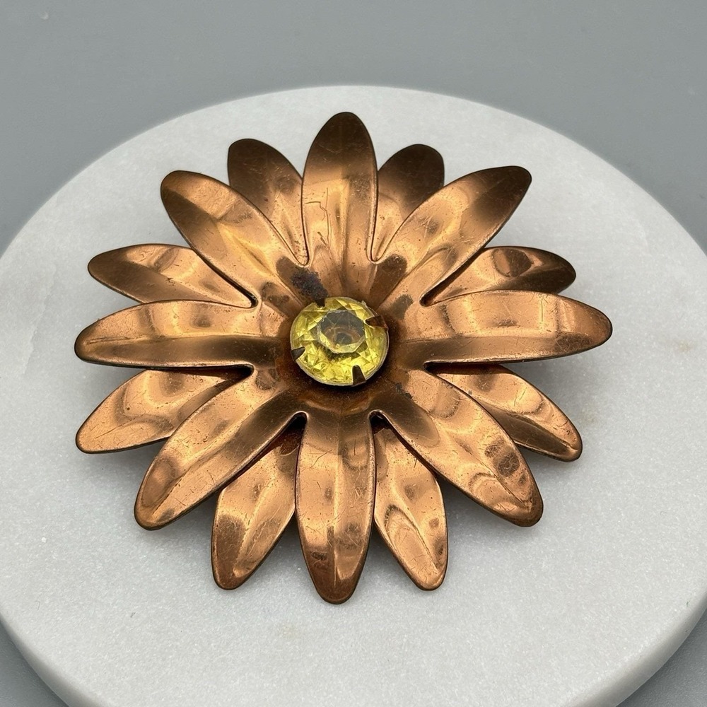 Vintage Copper Flower Brooch Pin Yellow Stone Daisy Dimensional Pop Art